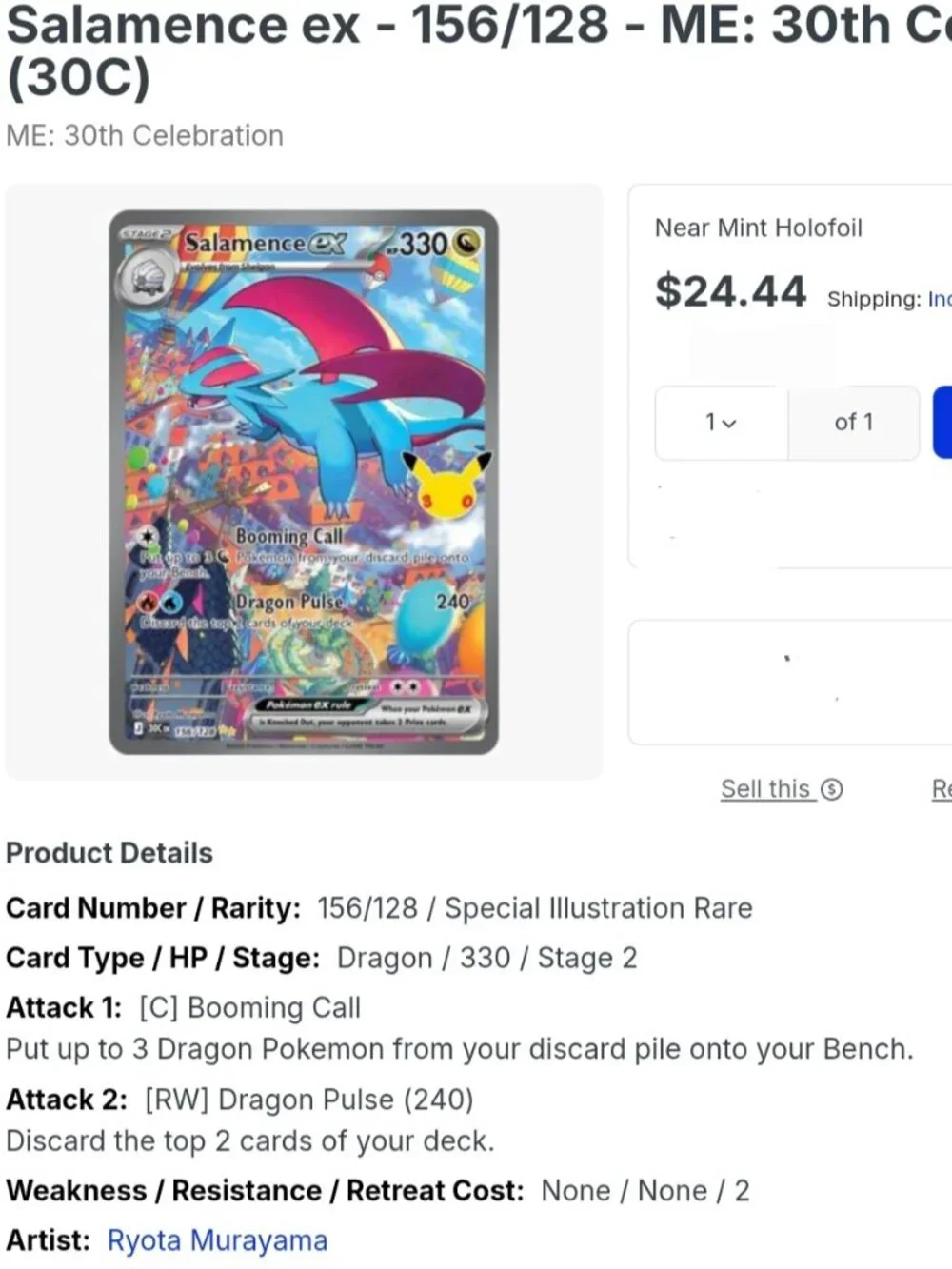 Pokemon Salamence ex - 156/128 - ME: 30th Celebration (30C) near mint